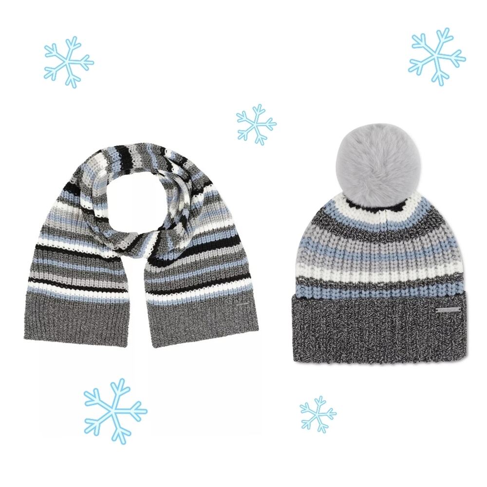 MICHAEL KORS SCARF & HAT WOMEN'S TWEED SHAKER STRIPE SCARF & STRIPED RIBBED HAT